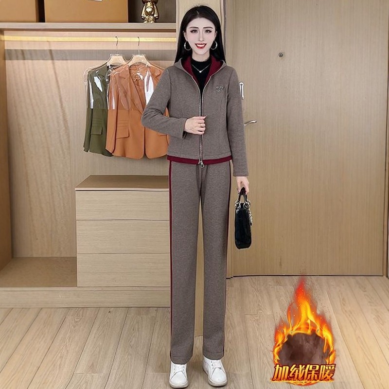 时尚休闲套装女2025冬季新款加绒加厚撞色连帽开衫阔腿裤子两件套,淘宝优惠券,粉丝福利购,淘宝优惠卷