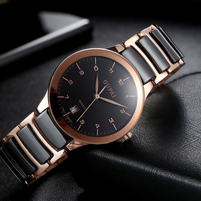 欧派2020新品商务简约黑色陶瓷男表 迪卓手表国产腕表