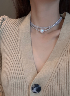 冷淡风轻奢项链女多层珍珠吊坠闪