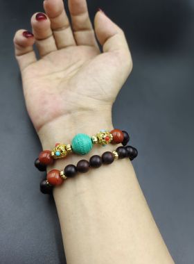 原创手工文玩天然檀香木绿松南红双层多宝串中式国风汉服配饰