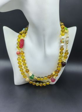 金色净水琥珀10mm佛珠多宝串朱砂绿松珍珠琉璃中式国风汉服配饰