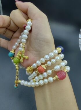 手工原创天然珍珠多宝长链绿松珊瑚碧玺多宝串中式汉服国风