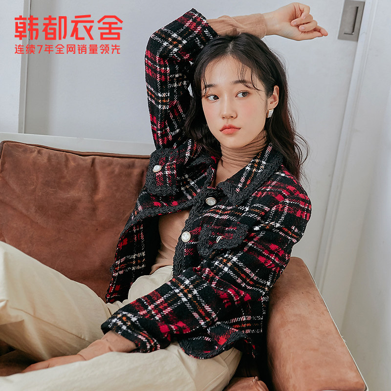 韩都衣舍outlets冬短款粗花呢大衣 韩都衣舍outlets店毛呢外套