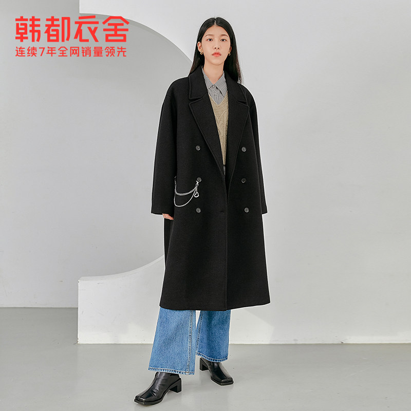 韩都衣舍outlets黑色宽松毛呢大衣 韩都衣舍outlets店毛呢外套