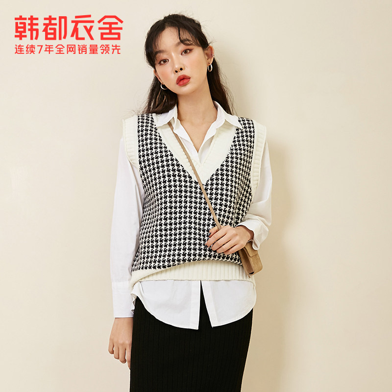 韩都衣舍outlets复古千鸟格马甲 韩都衣舍outlets店马夹