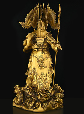 黄铜关公摆件铜九龙关公家用供奉大号提刀背旗关羽门店供养武