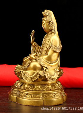 黄铜观音菩萨摆件 大小号手拿柳枝观世音坐姿佛像 家居金属工艺品