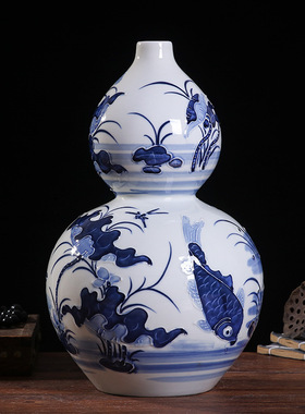 景德镇陶瓷装饰花瓶手绘汾水中式浮雕青花工艺品摆件