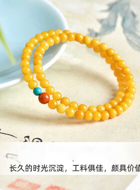 蜜蜡手串女款仿鸡油黄色琥珀仿绿松石多宝手链双圈个性女款多圈