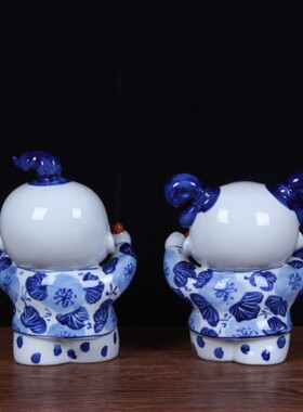 景德镇陶瓷工艺品结婚礼物中式家居摆件 可爱青花瓷陶瓷娃娃摆件
