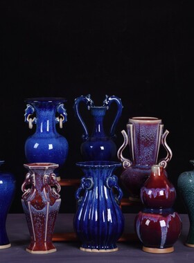 仿古花瓶钧瓷摆件复古双耳瓷瓶客厅玄关装饰品陶瓷器古董工艺品瓶