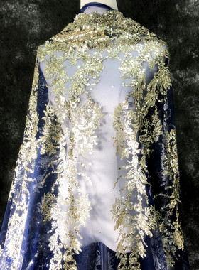 半透明深蓝烫金大花礼服婚纱布料