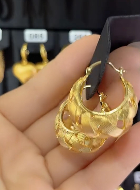 轻奢复古编织纹镂空金色耳圈设计