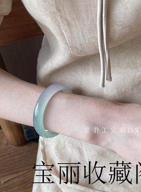 冰种油青玉半山水玛瑙玉髓手镯渐变透翡翠珠宝玉镯送闺蜜女友礼物