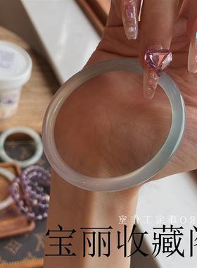 半山半水冰种玛瑙油青手镯渐变透亮细美人条玉髓翡翠叮当镯女正品