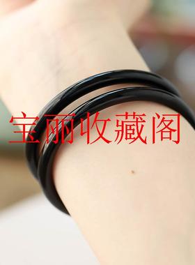 纯黑高品质黑色玛瑙玉髓叮当手镯子细圆条简约玉石手镯少女款处理