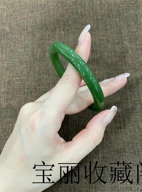 新疆和田玉翠绿手镯新中式细圆条镯子玉石碧玉菠菜绿色小叮当镯子