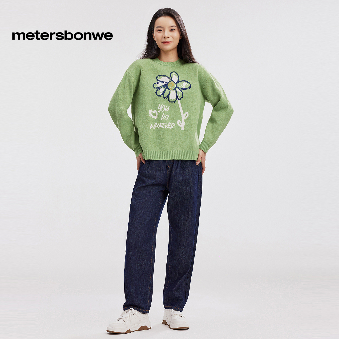 美特斯邦威套头毛衣女款秋冬装穿搭休闲前胸提花毛衫宽松圆领上衣