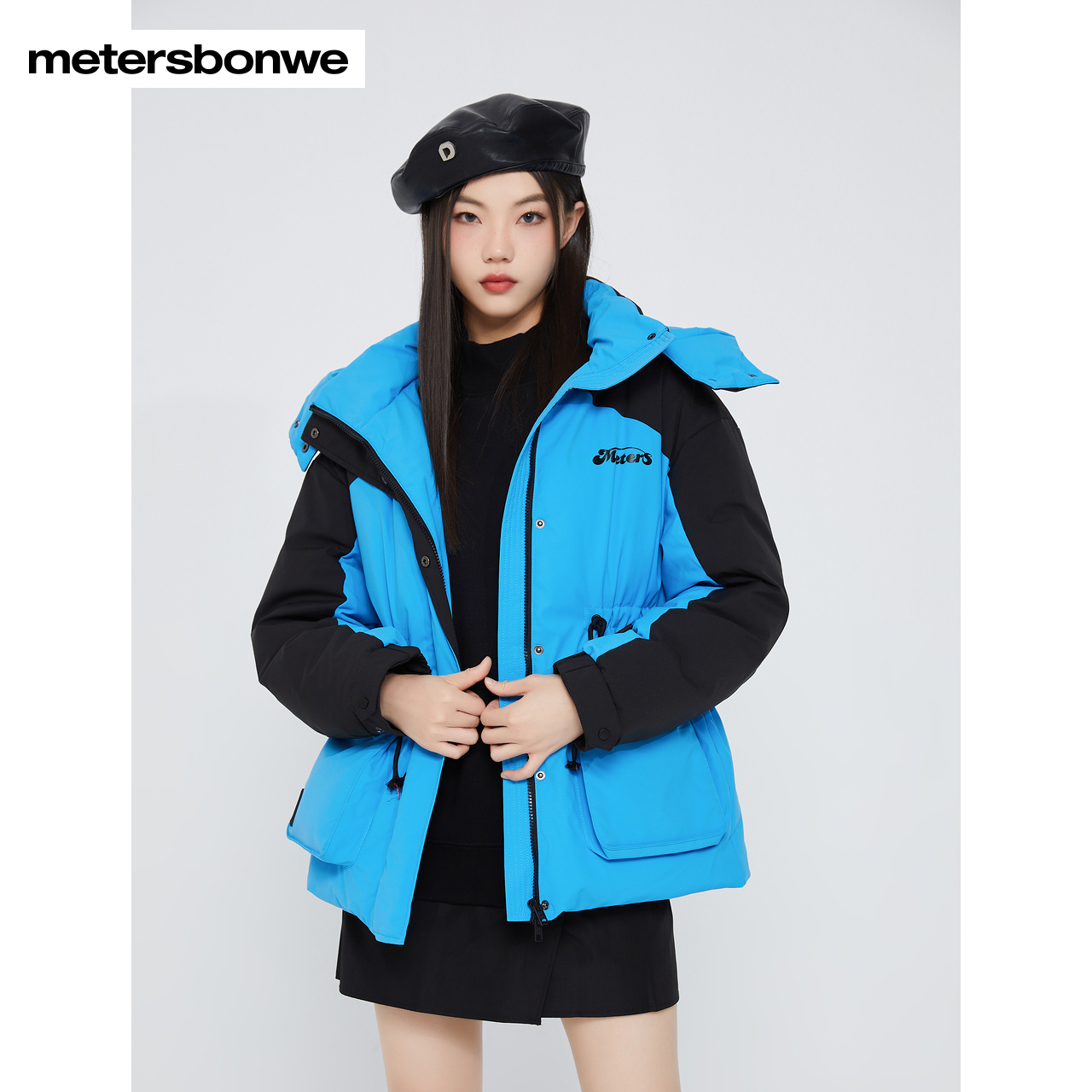 美特斯邦威羽绒服女秋冬时尚拼接撞色宽松保暖舒适中长款羽绒服