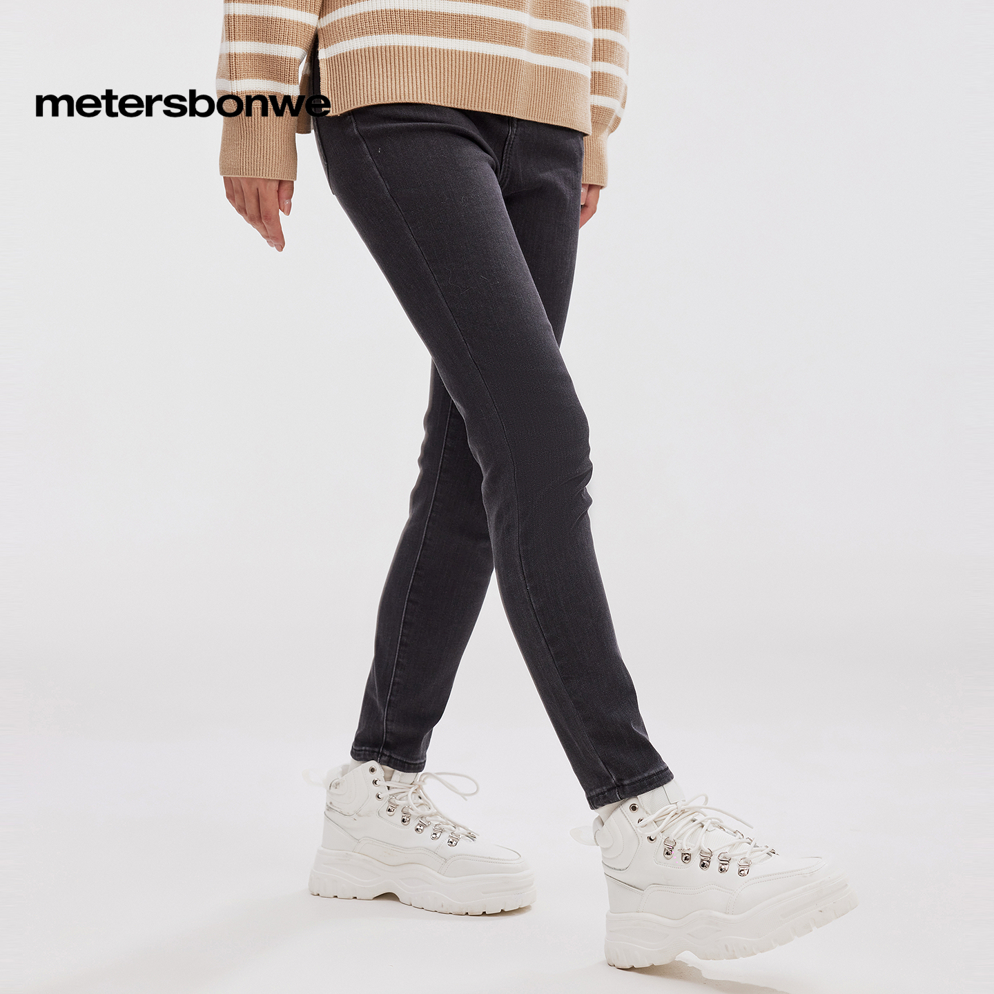 美特斯邦威牛仔裤女秋冬甜酷显瘦提臀紧身小脚牛仔裤厚款弹力长裤
