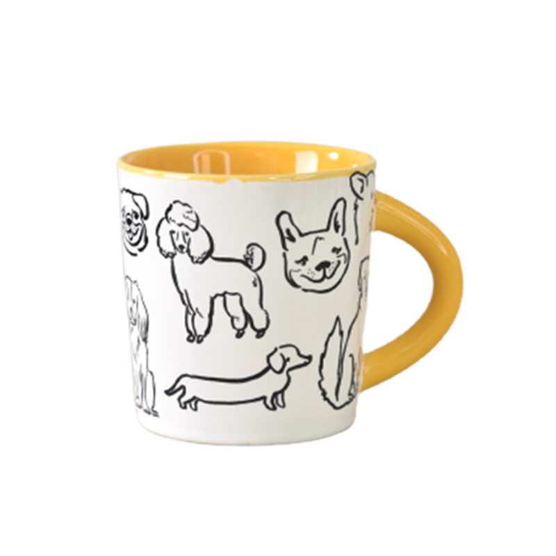 撞色狗狗杯陶瓷杯家用喝水杯可爱女生咖啡杯手绘线条小狗马克杯 - 图3