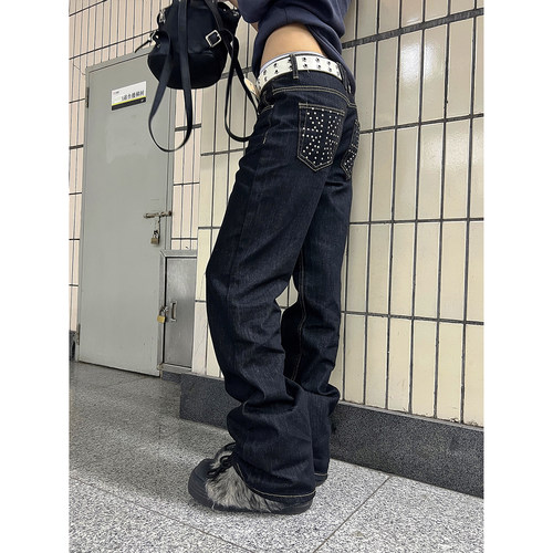 F383 美式复古辣妹低腰不规则重工钉珠牛仔裤女直筒显瘦长裤子潮 - 图2