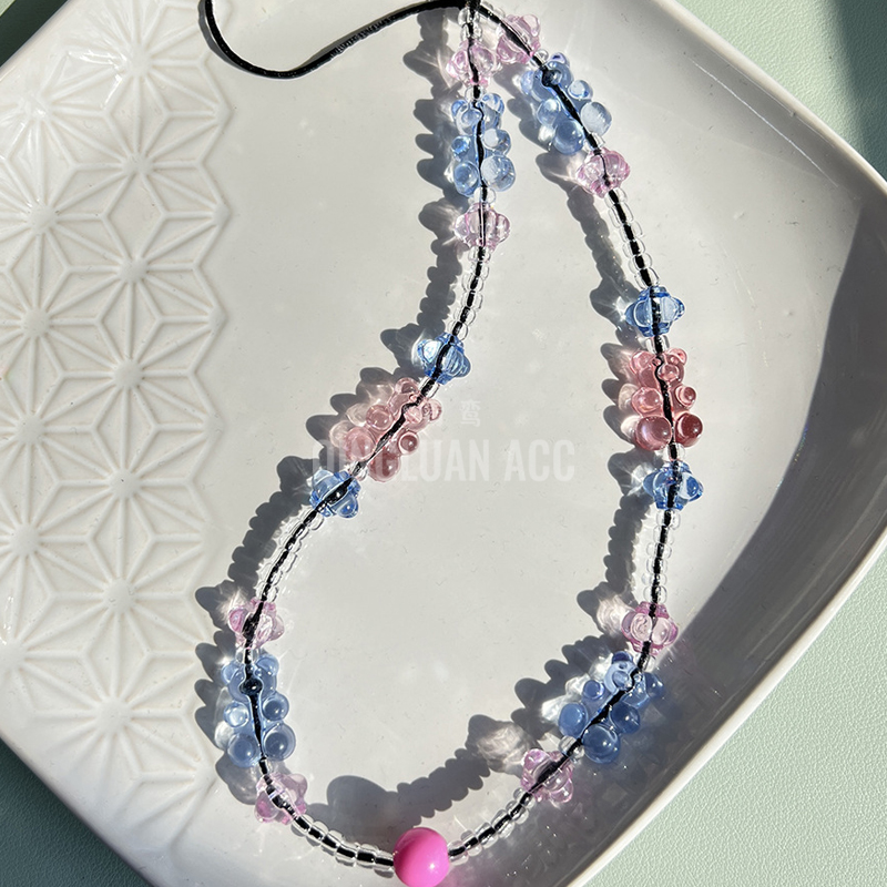 ins蔡卓妍同款手机链甜美蓝粉小熊手工串珠手机挂绳书包相机挂饰 - 图1