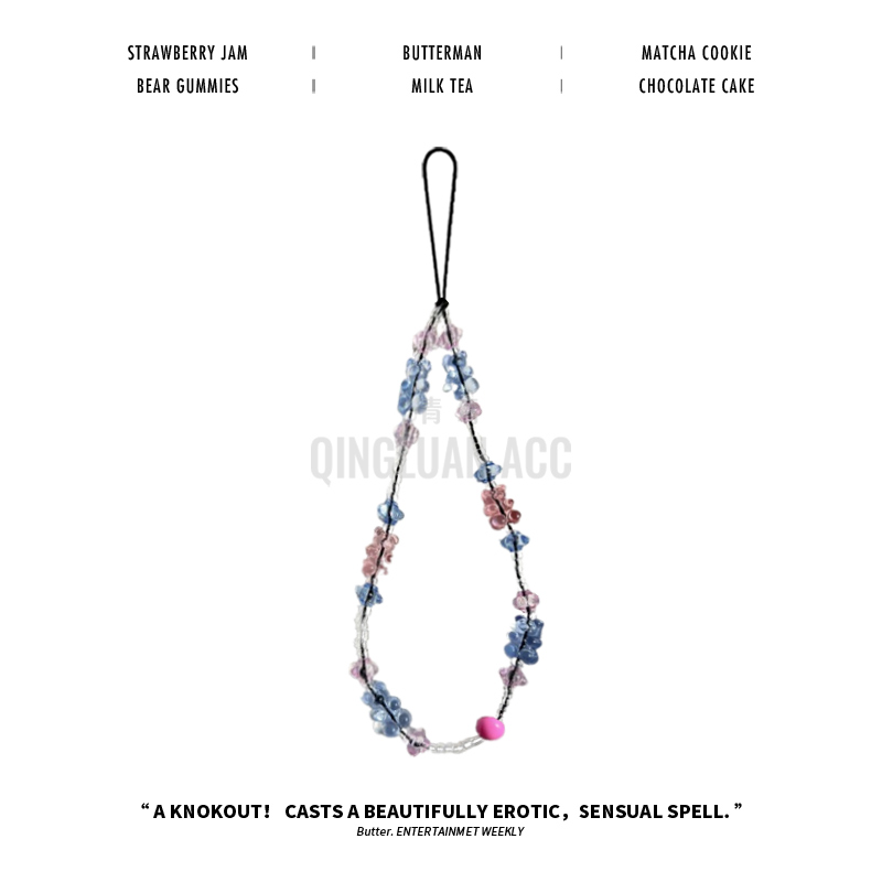 ins蔡卓妍同款手机链甜美蓝粉小熊手工串珠手机挂绳书包相机挂饰 - 图2