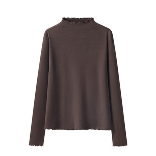 one more 咖色木耳边抗菌发热打底衫 S码