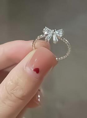 Bow ring women可爱蝴蝶结戒指开 口可调节女生小众食指戒指环镶