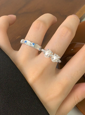 LTBB 原创小众个性设计质感纹理海蓝锆S925纯银戒指女