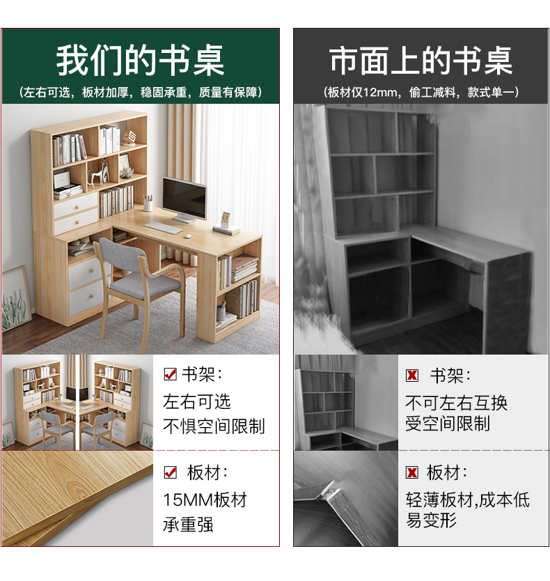 赛杉家具旗舰店书房书桌书架组合学生家用简约卧室书柜一体房间转角电脑写字桌子1