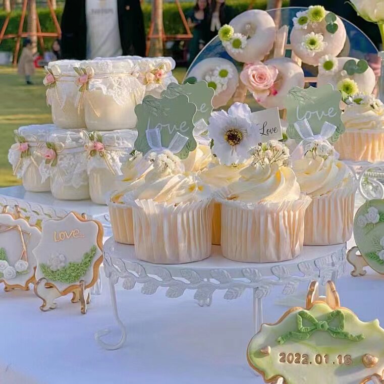 甜蜜订婚婚礼白系布丁蕾丝布甜品台酸奶布丁杯绑花装饰烘焙插件