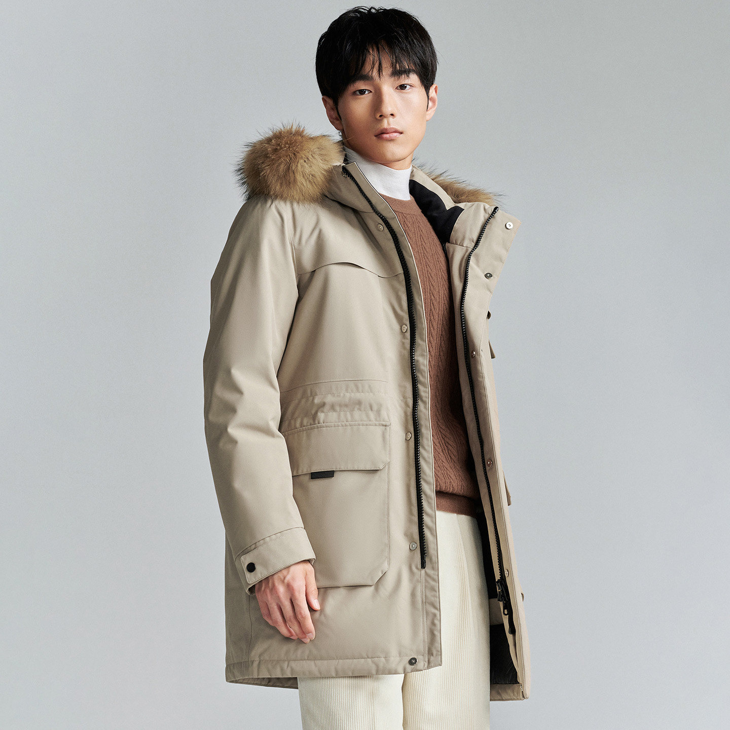 报喜鸟冬季新款男士时尚休闲毛领连帽羽绒服白鸭绒厚款上衣外套男 - 图0