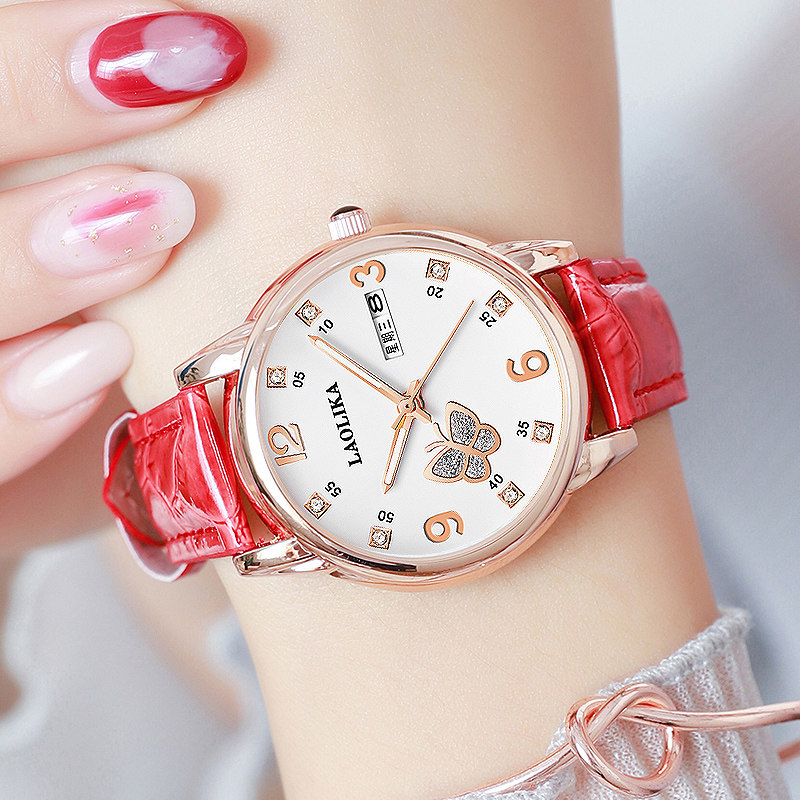 新款女士双日历星期皮带夜光石英表 劳利卡手表国产腕表