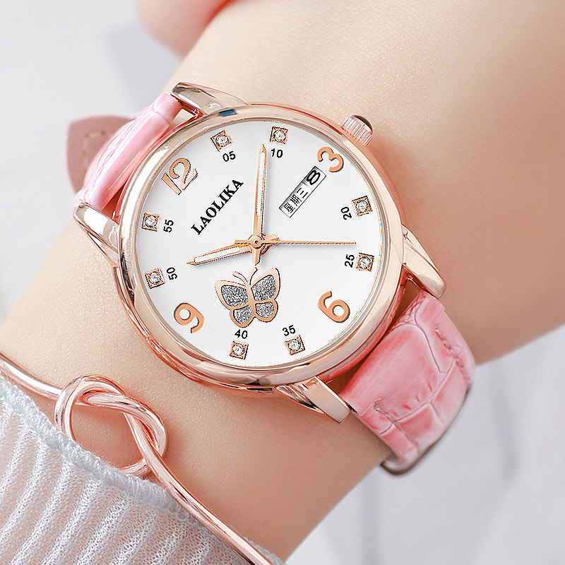 新款女士双日历星期皮带夜光石英表 劳利卡手表国产腕表