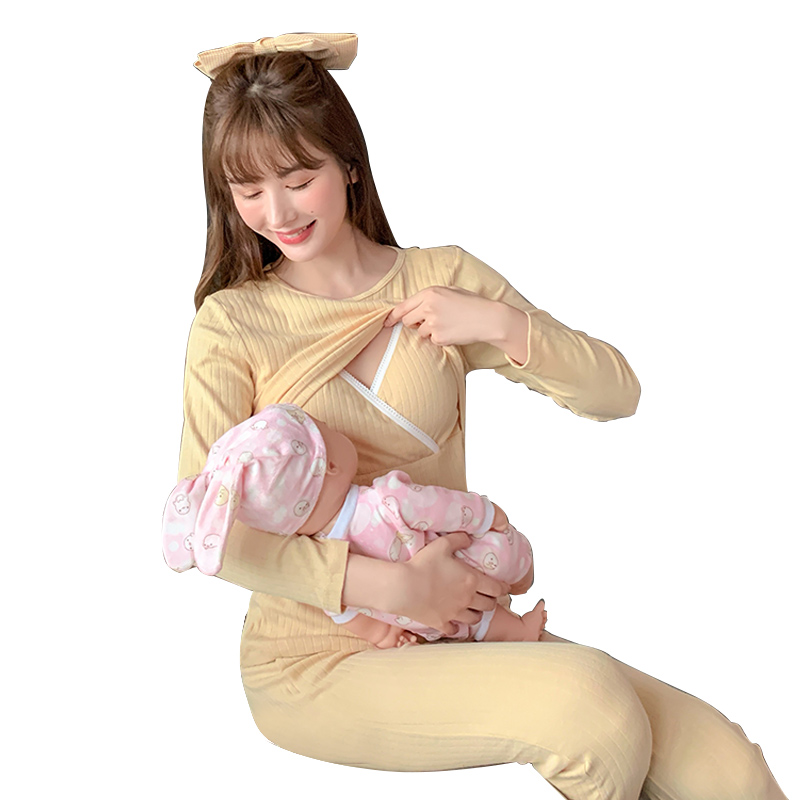 月子服纯棉春秋冬季吸汗产后喂奶哺乳睡衣孕妇秋衣秋裤套装怀孕期-图3