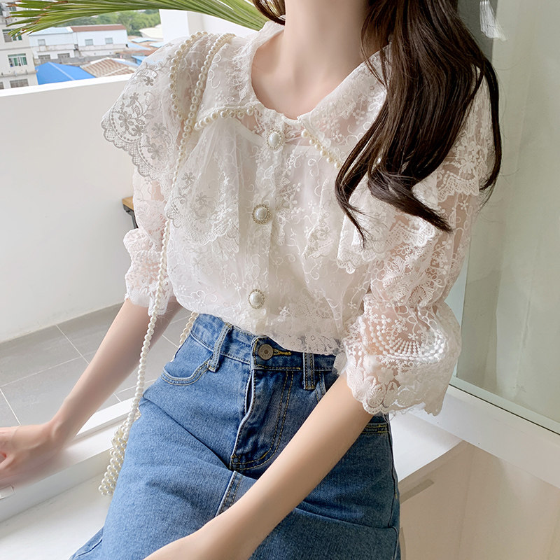 韩版2021新款娃娃领短袖甜美蕾丝衫 夏甄蕾丝衫/雪纺衫