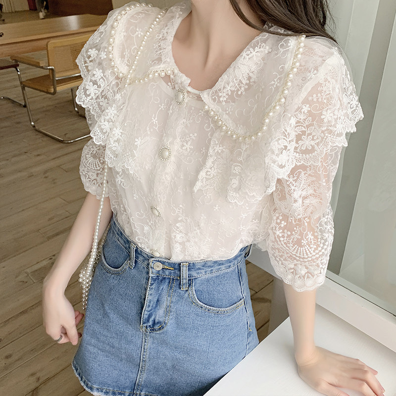 韩版2021新款娃娃领短袖甜美蕾丝衫 夏甄蕾丝衫/雪纺衫