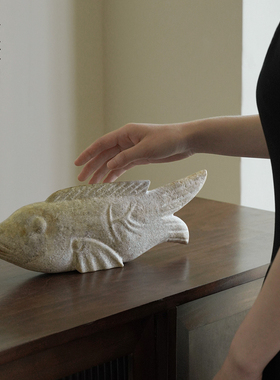 栗石侘寂风玉石仿古雕塑小鱼摆件