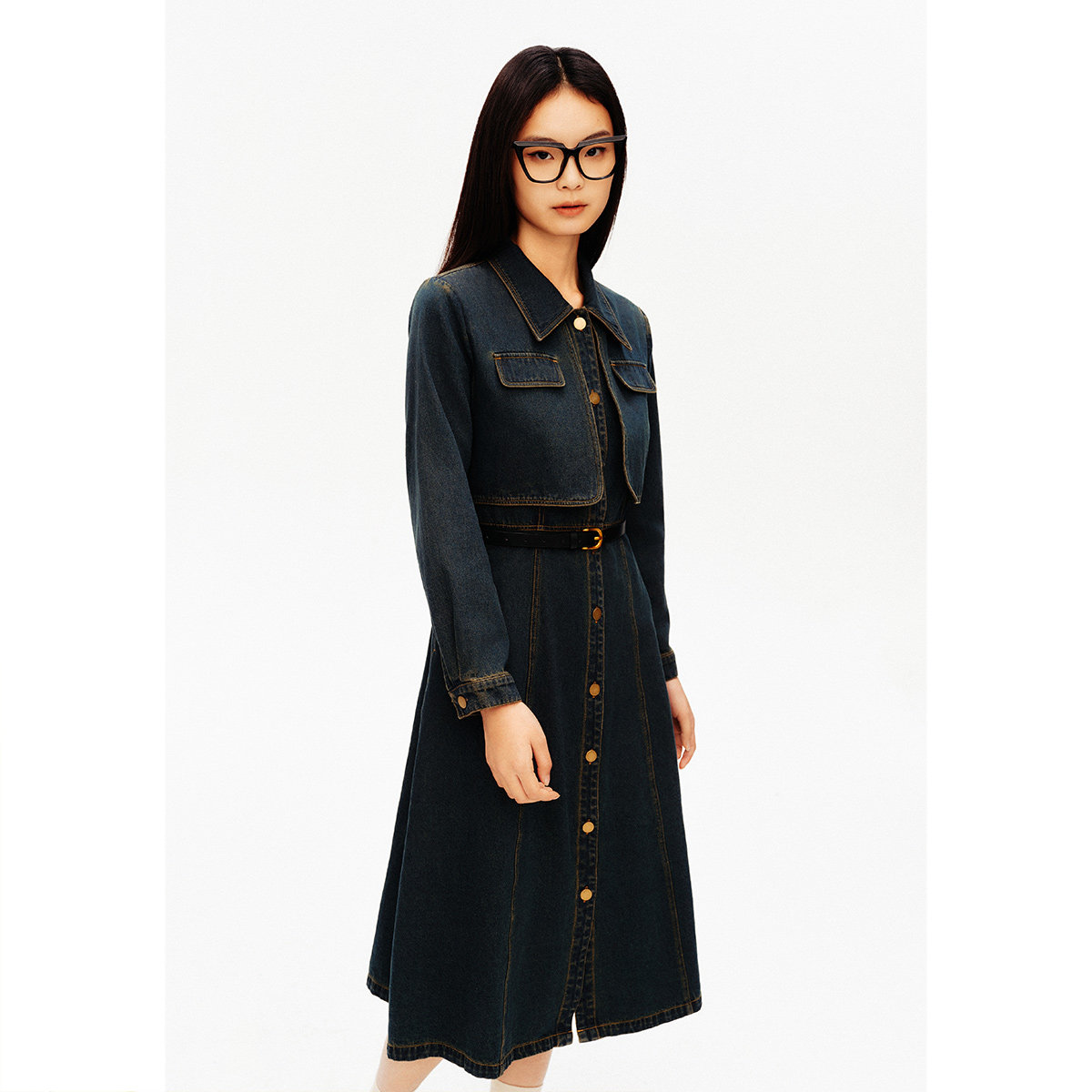 诗篇专选翻领高腰假两件复古水洗牛仔衬衫裙连衣裙春款