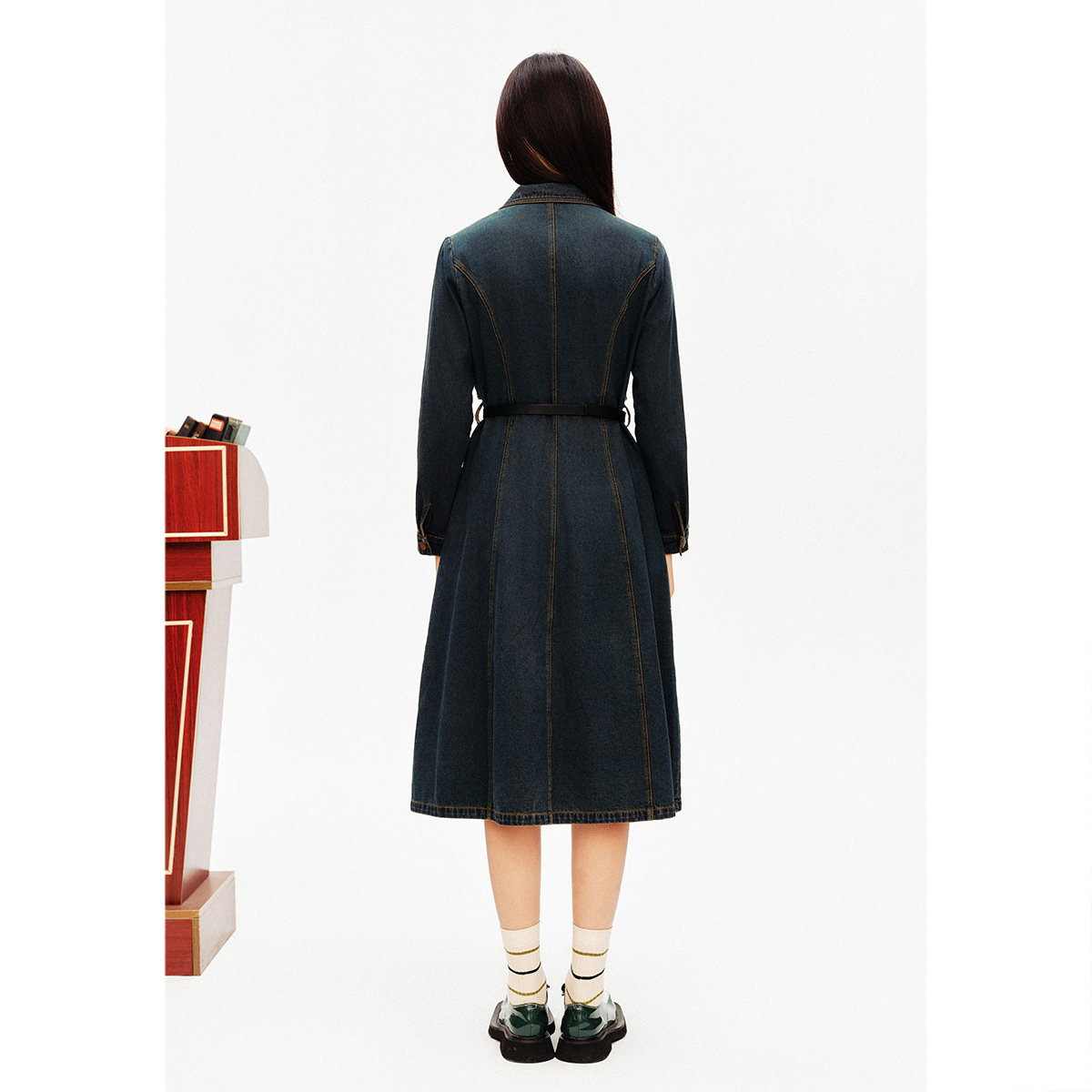 诗篇专选翻领高腰假两件复古水洗牛仔衬衫裙连衣裙春款