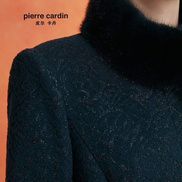 商场同款皮尔卡丹女装墨绿色毛呢长款外套女2025新款P0407CL19G0