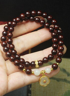 2026赞比亚紫檀血檀0.6双圈手链金色花朵款 女款复古饰品文玩