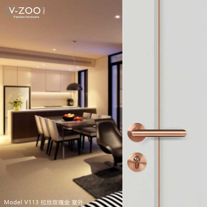 vzoo304不锈钢卧室门锁拉丝玫瑰金房门把手金色室内静音木门拉手-图1