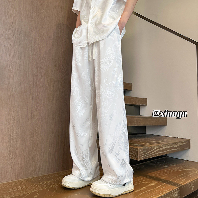 新中式男装中国风龙纹冰丝裤子男夏季薄款直筒垂感宽松阔腿休闲裤 - 图0