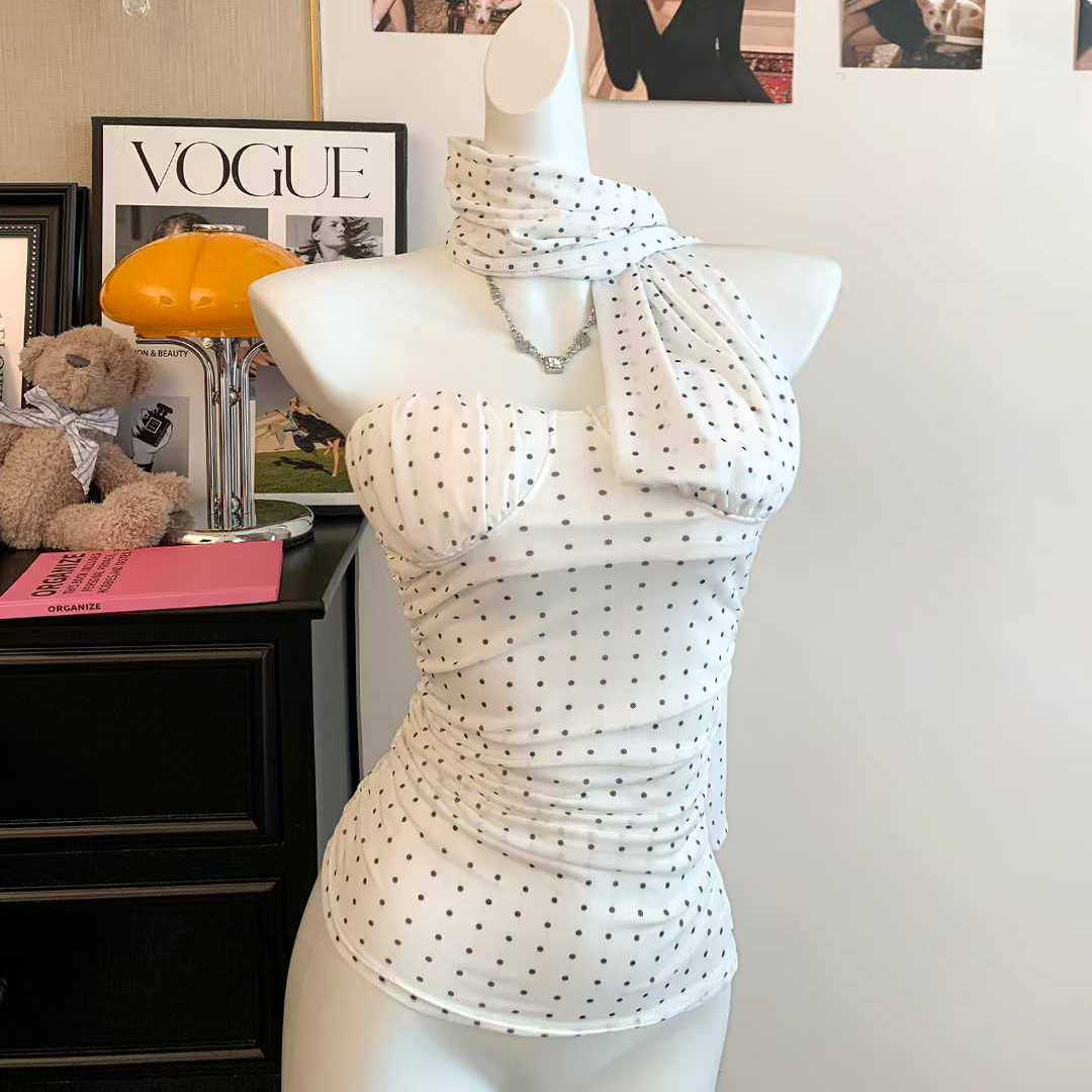 夏秋新款辣妹波点褶皱挂脖抹胸背心女修身飘带设计显瘦固定带胸垫,淘宝优惠券,粉丝福利购,淘宝优惠卷