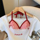 Fake two-piece letter embroidery red plaid lace suspender short-sleeved T-shirt for women summer inner top with chest pad
