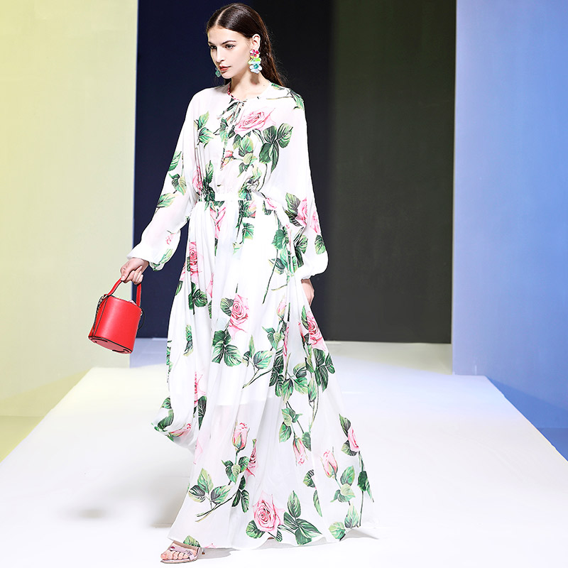 高端轻奢度假印花大摆长裙春秋夏女装弹力收腰轻盈飘逸雪纺连衣裙,淘宝优惠券,粉丝福利购,淘宝优惠卷