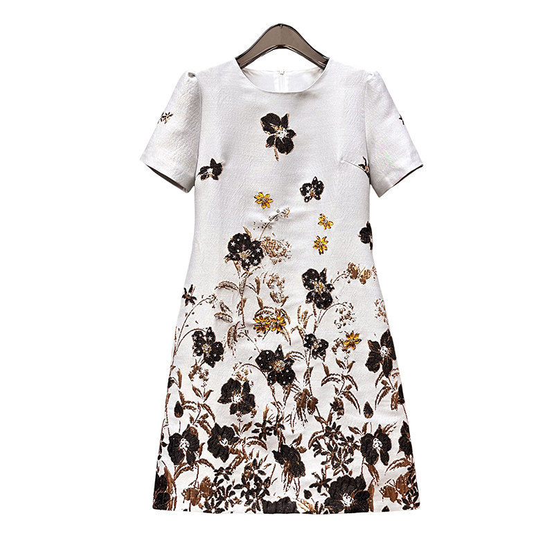 夏季新款女装提花手工镶钻烫金刺绣圆领短袖宽松法式复古连衣裙,淘宝优惠券,粉丝福利购,淘宝优惠卷